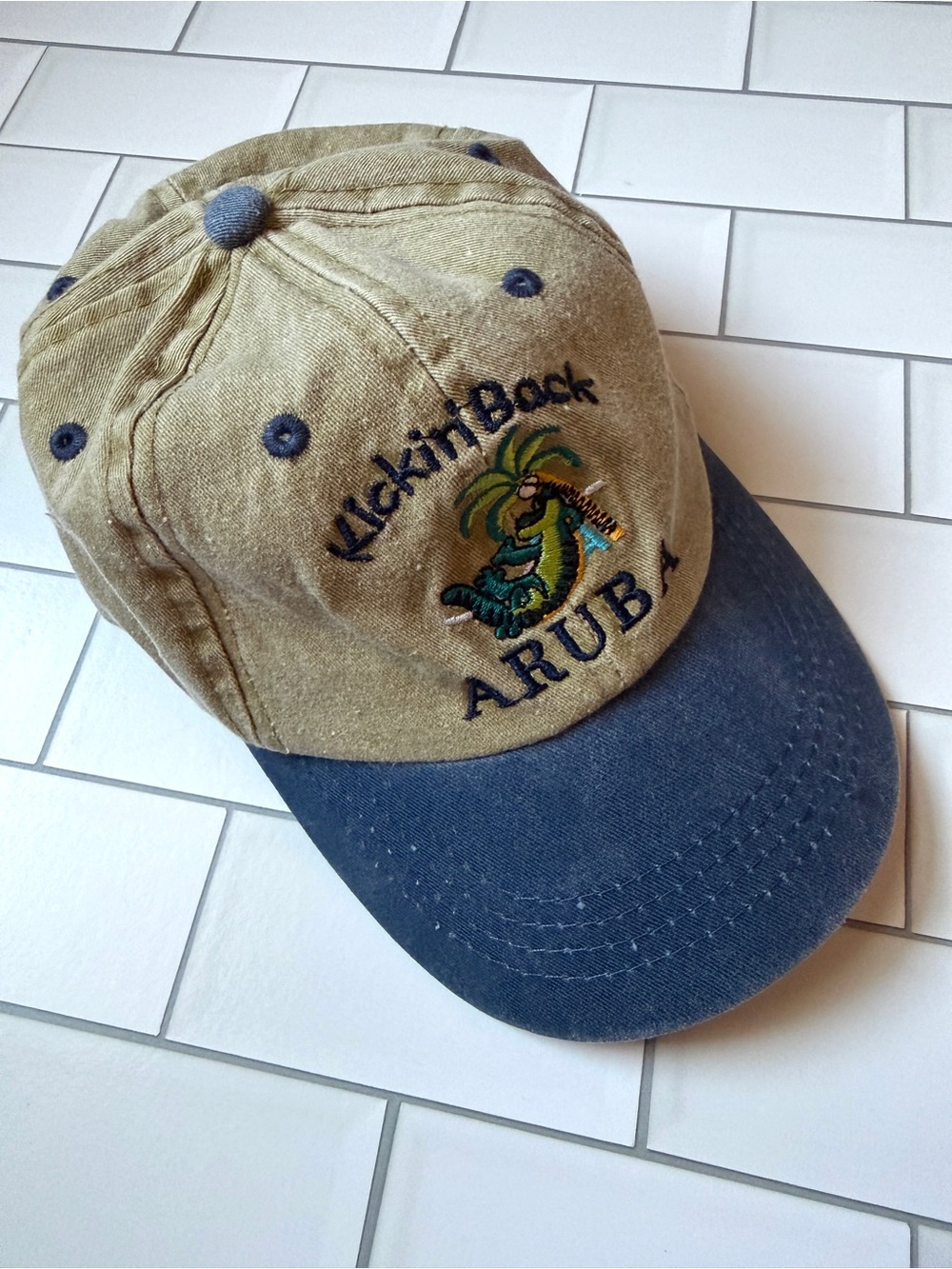 2T🌴 Aruba Embroidered 'Kickin' Back' One Happy Island Baseball Hat - Tan & Navy